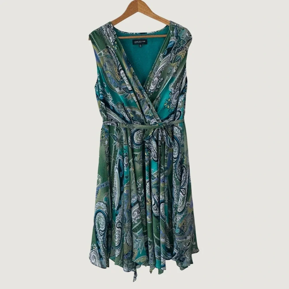 Jones New York Paisley Faux Wrap Dress 14W Green Blue Boho Sleeveless Midi